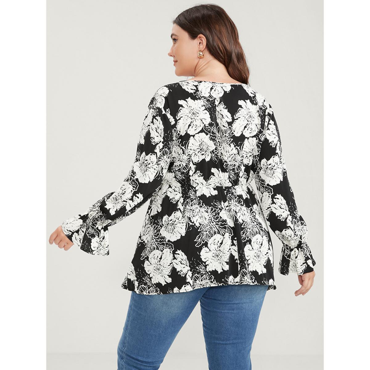 Plus Size Black Floral Lantern Sleeve Tie Up Asymmetrical Hem Wrap Blouse Women Elegant Long Sleeve V-neck Dailywear Blouses BloomChic 30/6X Product Image