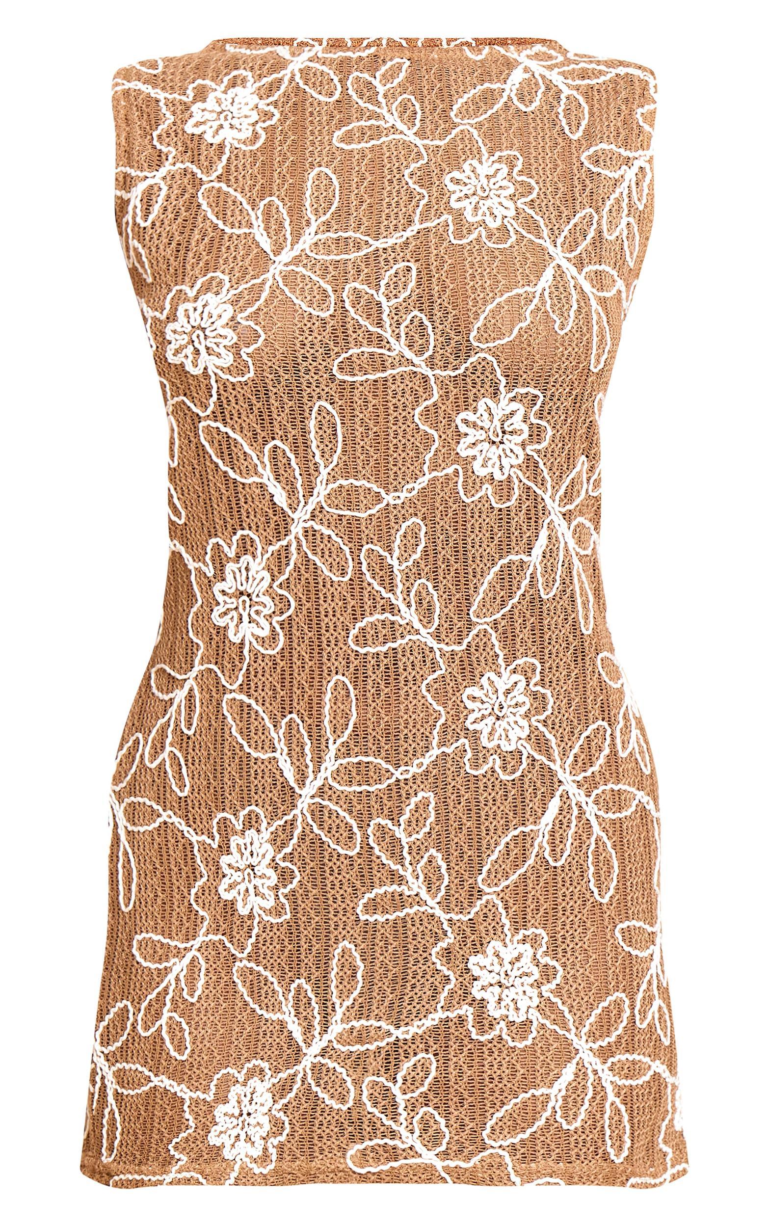 Tan Textured Floral Boat Neck Shift Dress Product Image