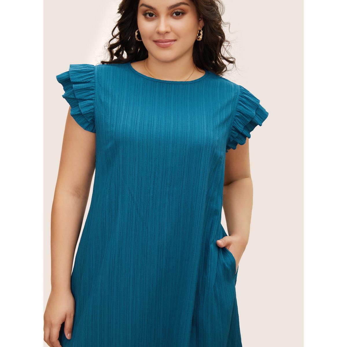 Plus Size Textured Tiered Ruffle Cap Sleeve Dress Mediumblue Women Elegant Ruffles Round Neck Cap Sleeve Curvy BloomChic 18-20/2X Product Image