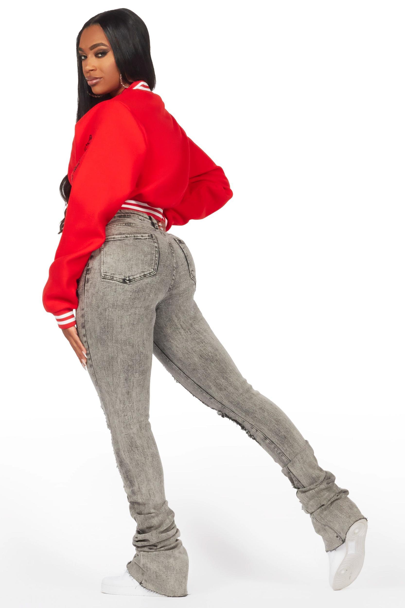 Gianni Red Crop Rhinestone Varsity Jacket Female Product Image