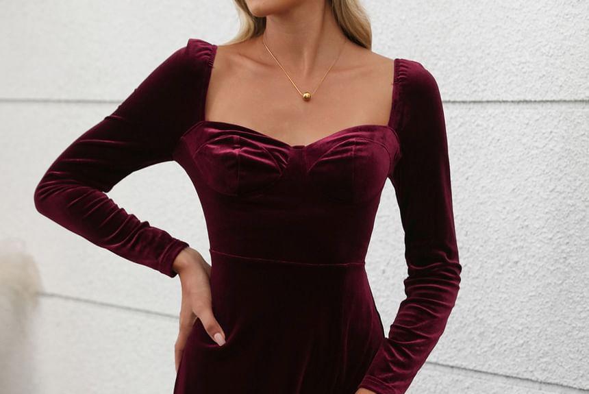 Long Sleeve Square Neck Velvet Midi Bodycon Dress Product Image
