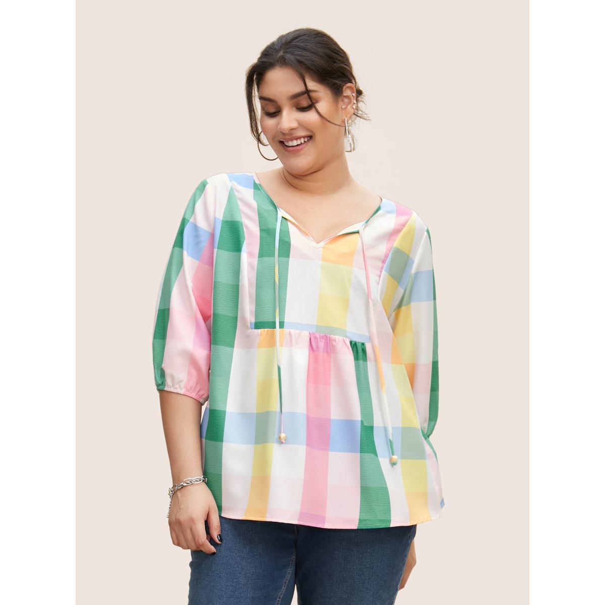 Plus Size Multicolor Contrast Plaid Tie Knot Lantern Sleeve Blouse Women Casual Elbow-length sleeve V-neck Everyday Blouses BloomChic 28/5X Product Image