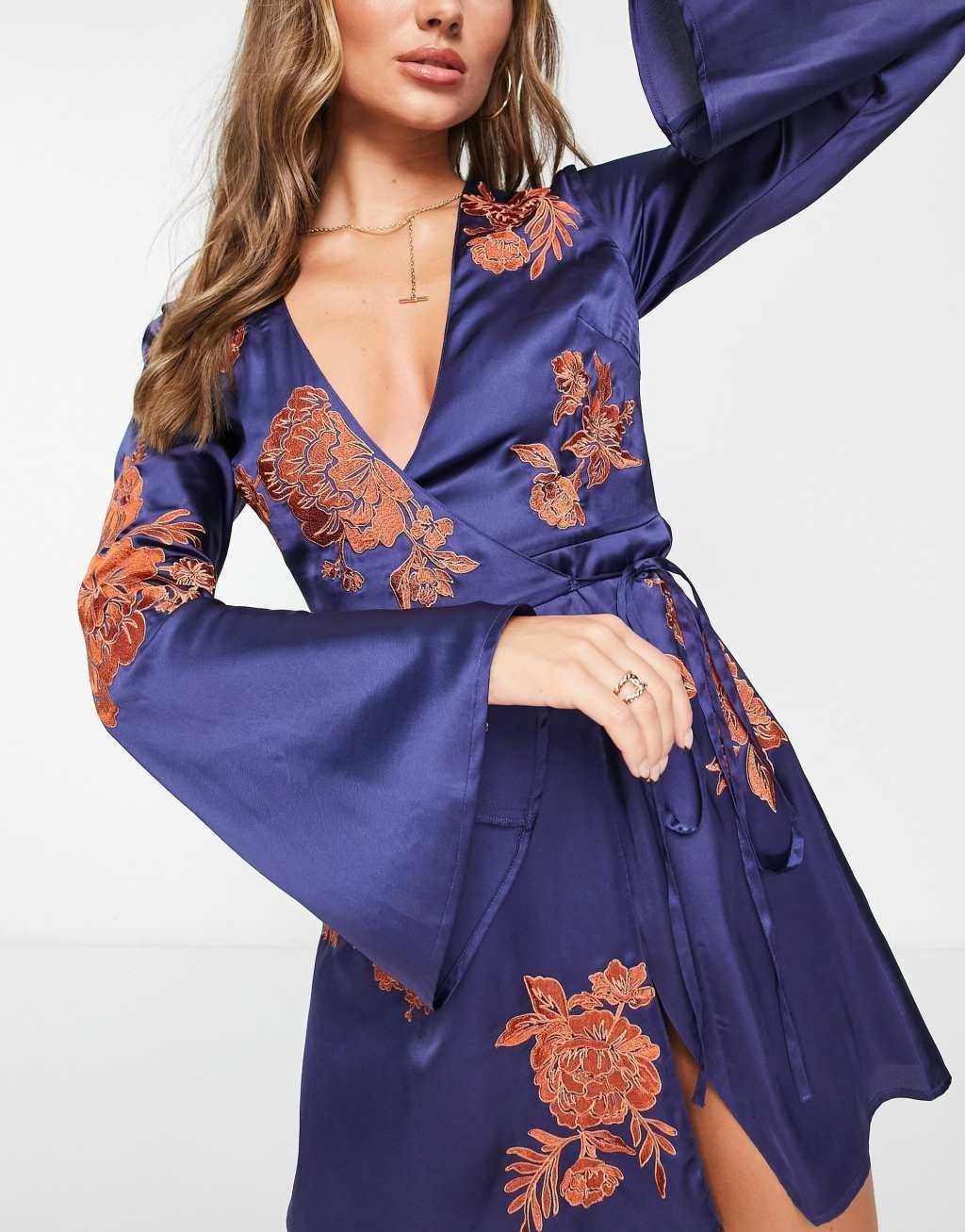 ASOS DESGIN embroidered floral mini wrap dress with flared sleeves Product Image