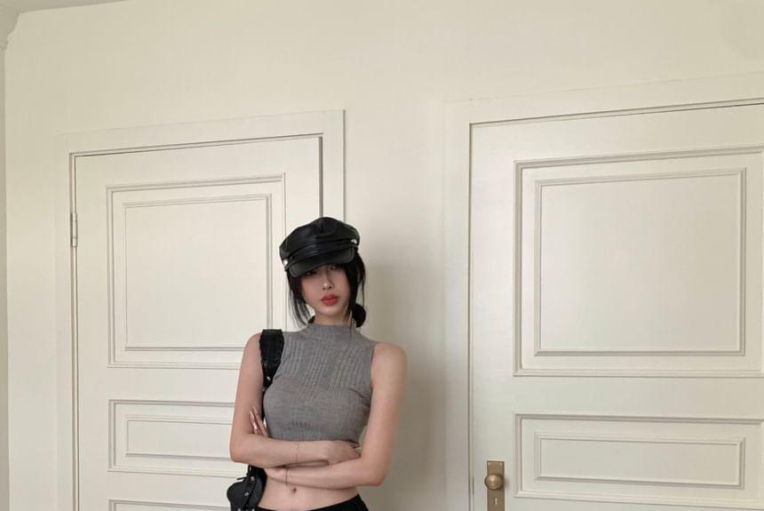 Mock Neck Plain Ribbed Knit Crop Tank Top / Low Rise Studded Flared Jeans Product Image