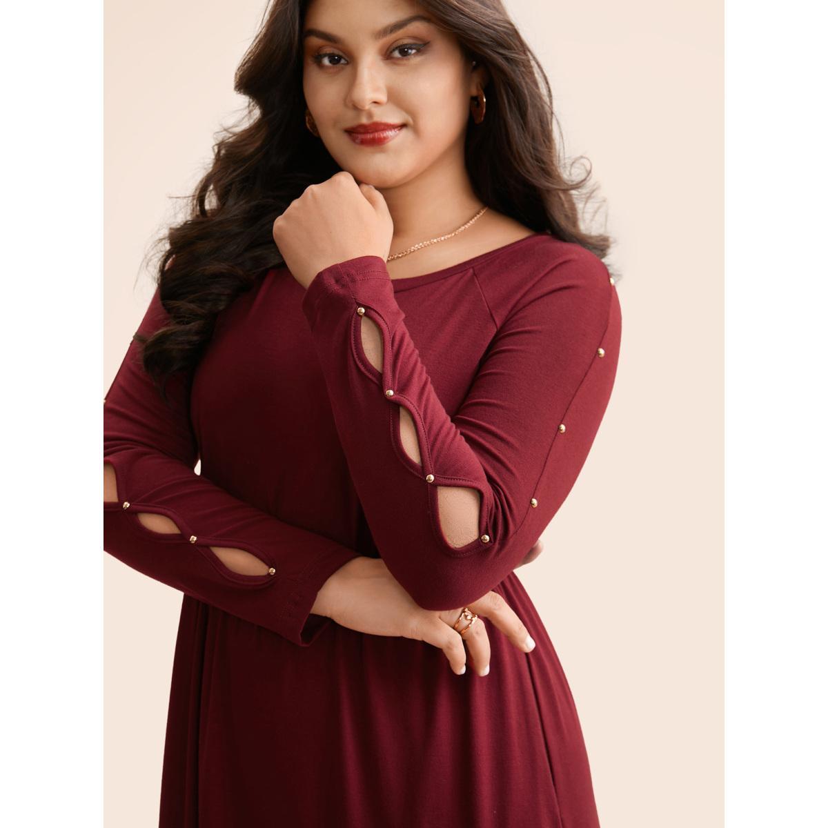 Plus Size Pearl Beaded Cut Out Midi Dress Burgundy Women Elegant Beaded Round Neck Long Sleeve Curvy BloomChic 18-20/2X Product Image
