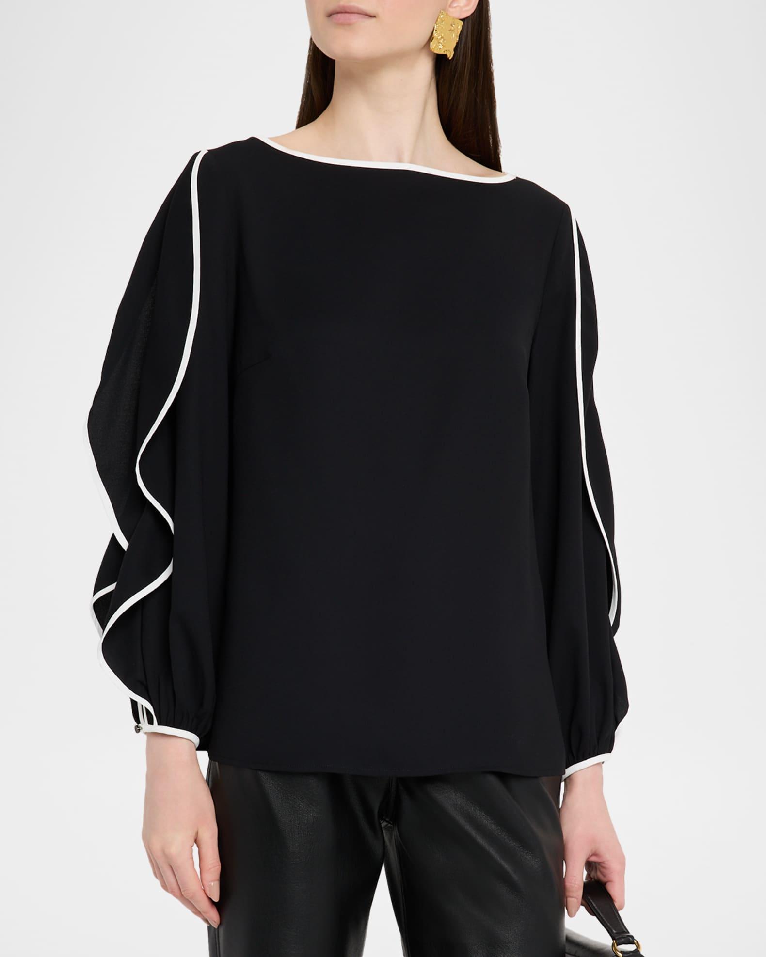 Contrast-Trim Butterfly-Sleeve Crepe Blouse Product Image