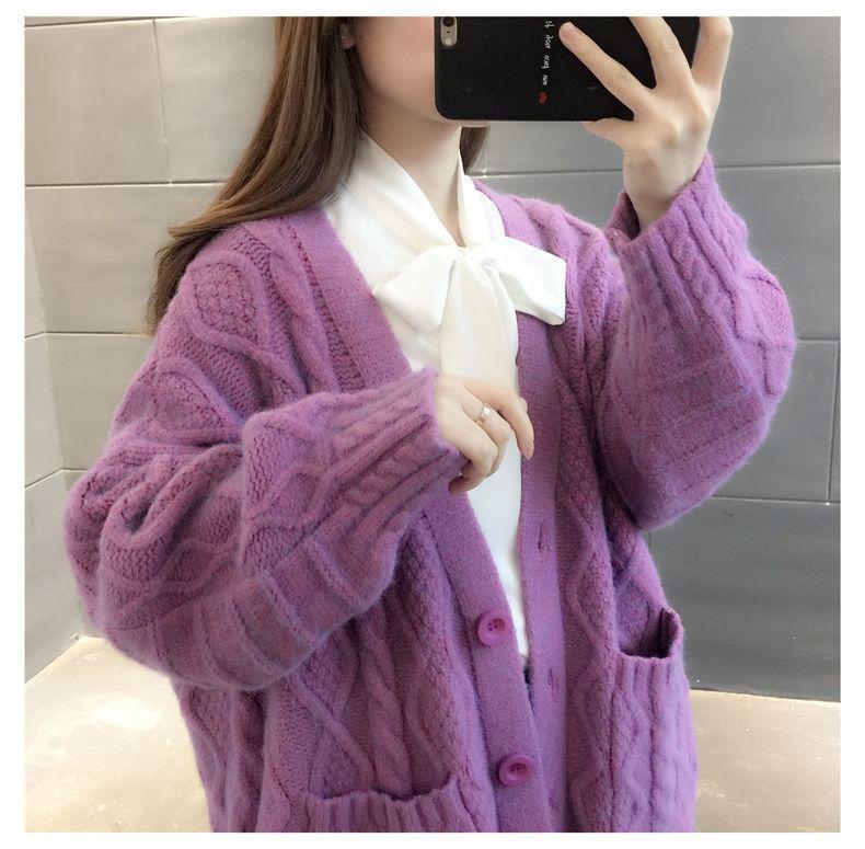 V-Neck Plain Cable Knit Button-Up Oversized Cardigan Product Image