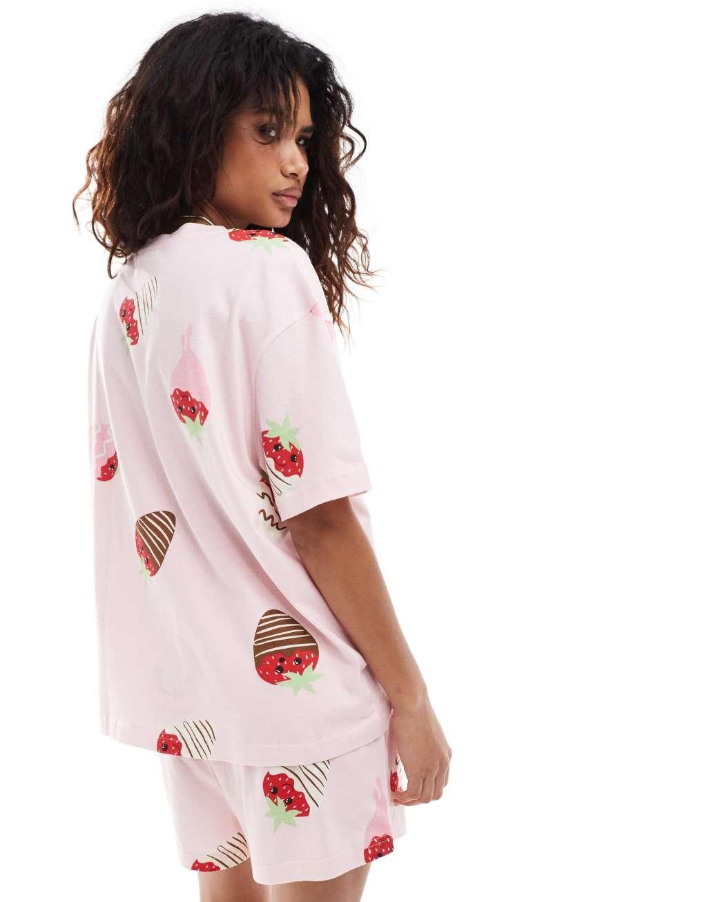 ASOS DESIGN chocolate strawberry oversized tee & shorts pajama set in pink Product Image