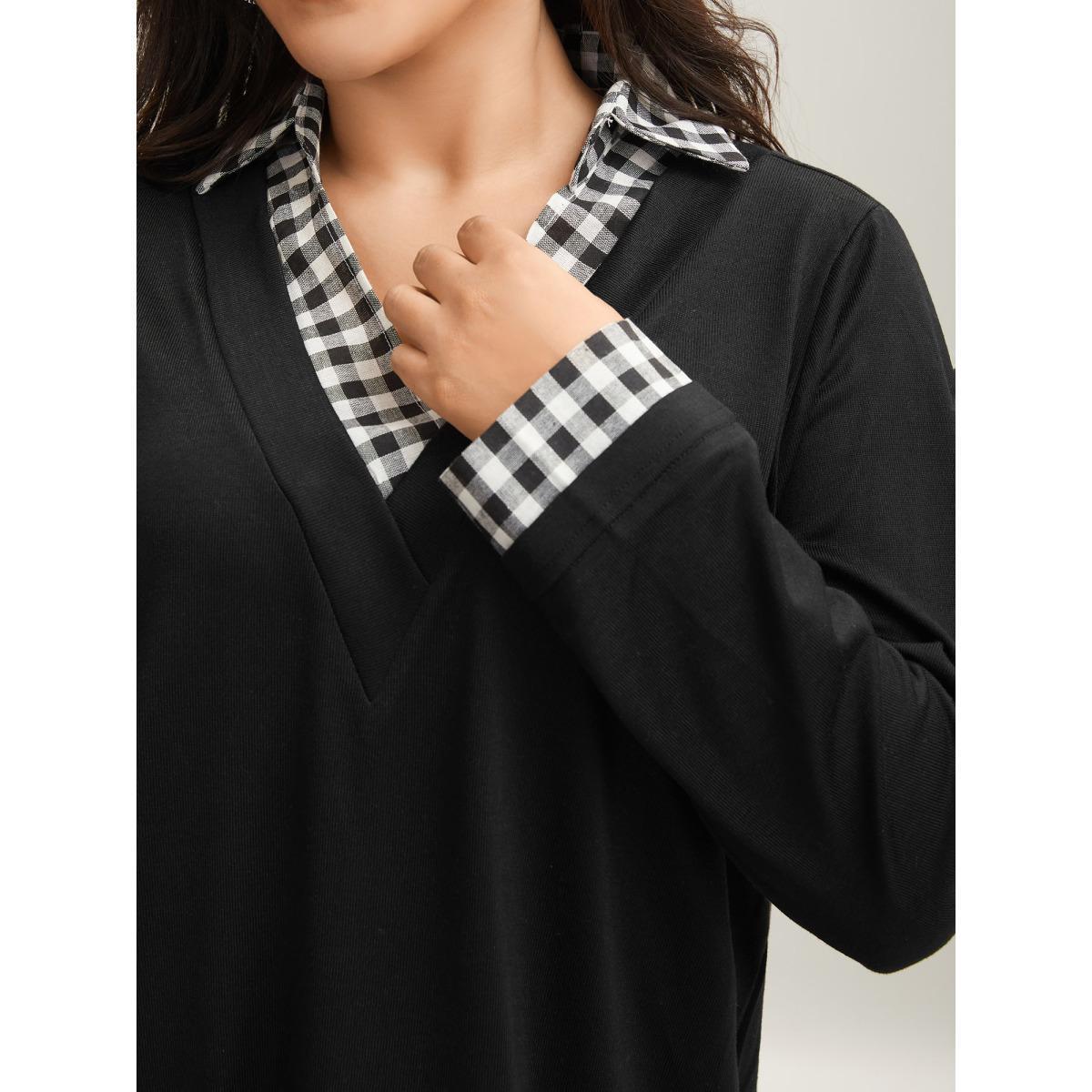 Plus Size Gingham Patchwork Shirt Collar Arc Hem Sweatshirt Women Black Casual Patchwork V-neck Everyday Sweatshirts BloomChic 10/M Product Image