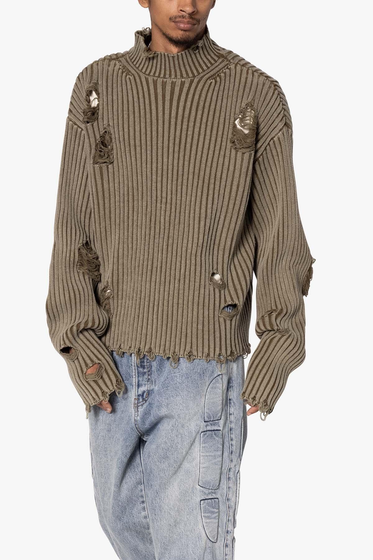 Distressed Crop Knit Sweater - Olive Product Image