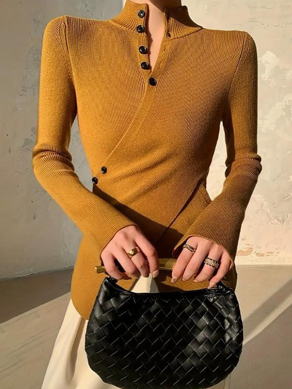 Long Sleeves Asymmetric Split-front Split-Joint V-neck Sweater Tops Product Image