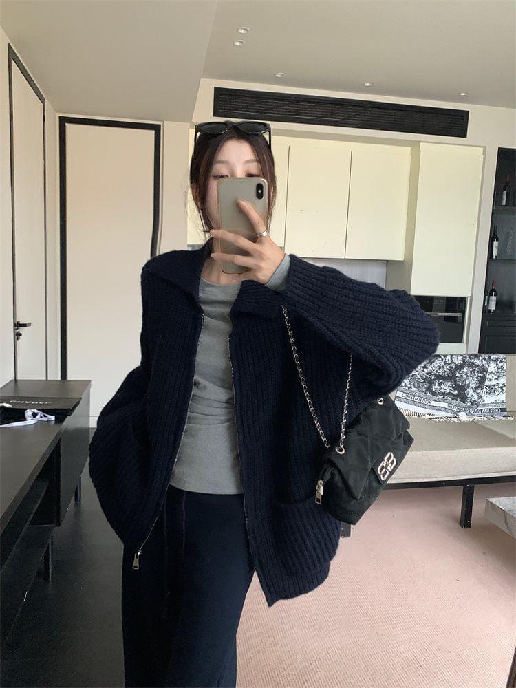 Long-Sleeve Round Neck Plain Slim Fit Tee / Ribbed Zip Cardigan / Drawstring Waist Wide Leg Pants Product Image