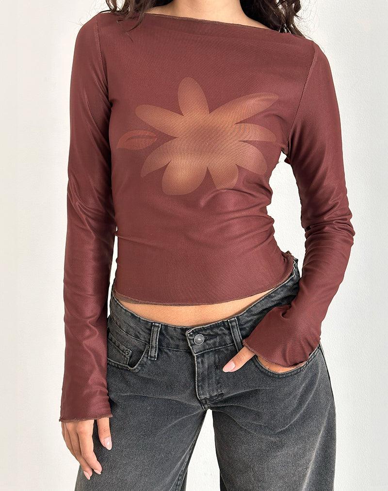 Armali Long Sleeve Top in Mesh Tonal Flower Brown Female Product Image