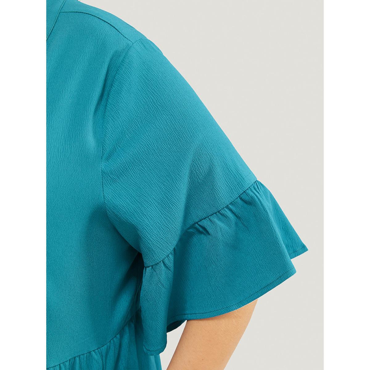 Plus Size Solid Button Detail Pocket Ruffle Tiered Bell Sleeve Midi Dress Cerulean Women Vacation Stand-up collar Half Sleeve Curvy Knee Dress BloomChic 10/M Product Image