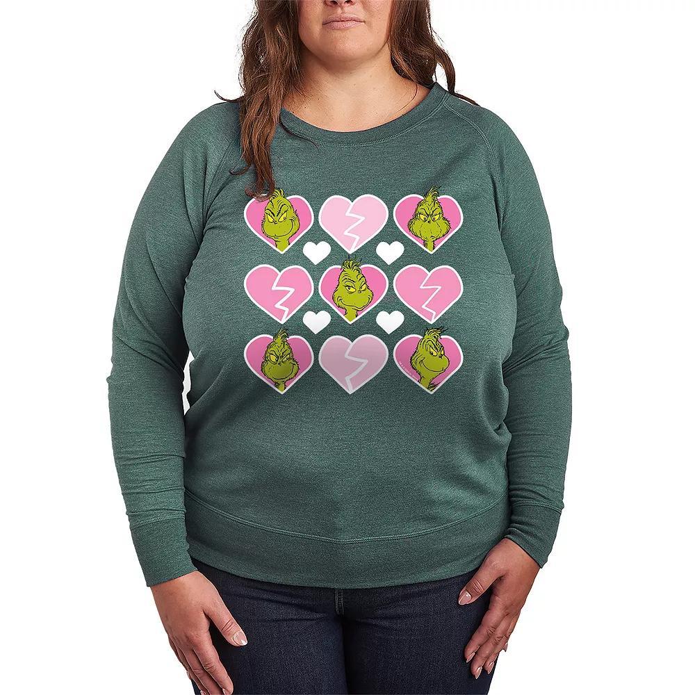 Plus Size Dr. Seuss Grinch Broken Heart Grid French Terry Long Sleeve Tee, Womens Grey Green Product Image