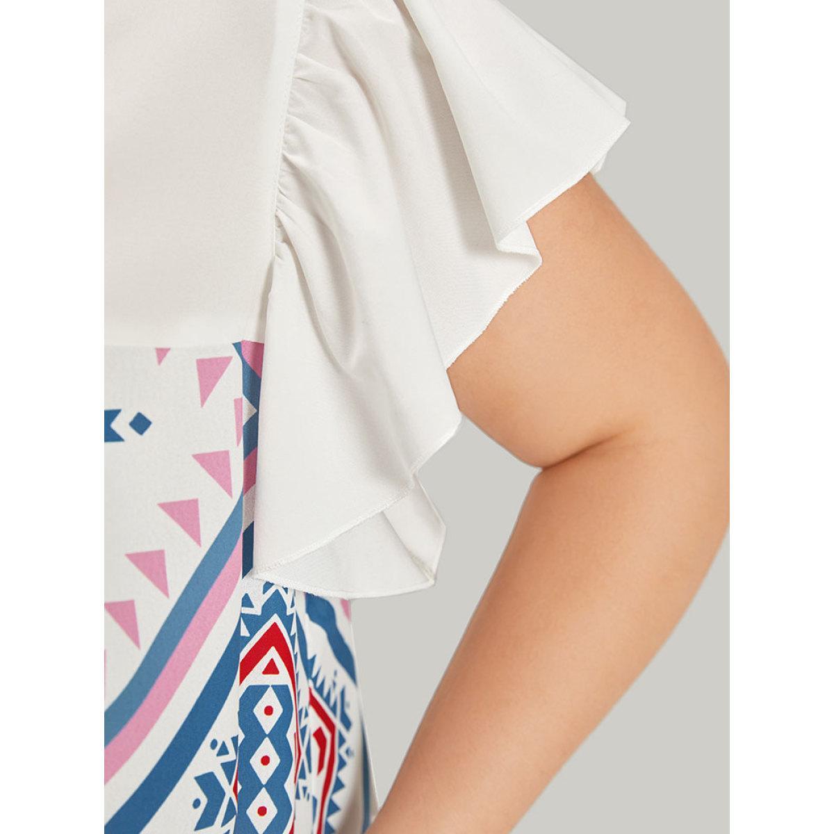 Plus Size White Bandana Print Flutter Cap Sleeve Gathered Blouse Women Vacation Cap Sleeve V-neck Dailywear Blouses BloomChic 10/M Product Image