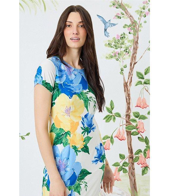 Maggy London Matte Jersey Floral Placement Print Crew Neck Short Sleeve Midi Dress Product Image