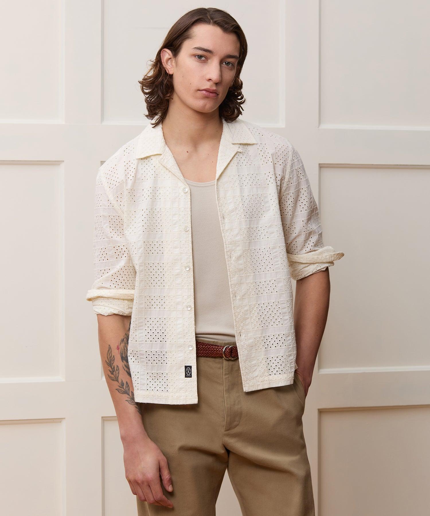 Cropped Embroidered Eyelet Camp Collar Shirt Product Image