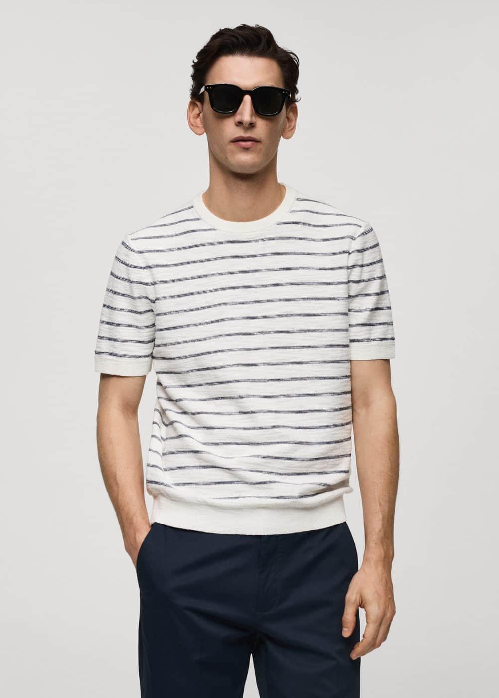 Striped knit cotton t-shirt - Men | MANGO USA Product Image