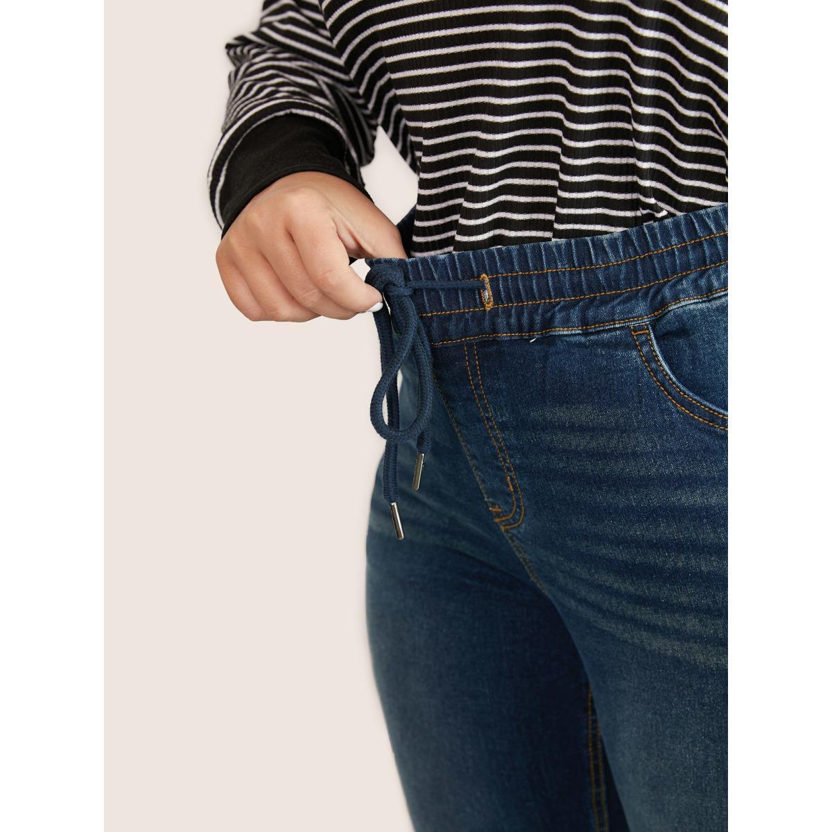Plus Size Drawstring Elastic Waist Straight Leg Jeans Women Indigo Casual Plain Non High stretch Slanted pocket Jeans BloomChic 12/L Product Image