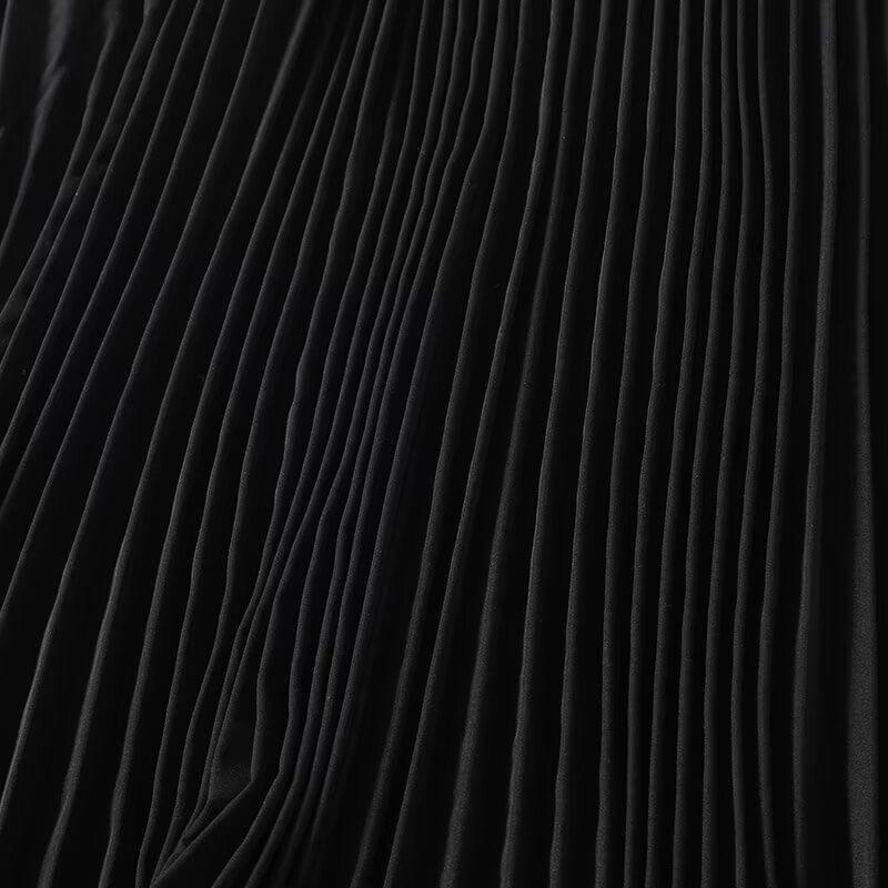 High Rise Faux Leather Panel Accordion Pleated Midi A-Line Skirt Product Image
