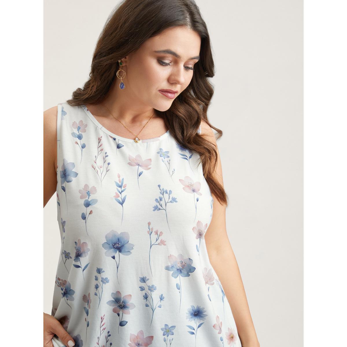 Plus Size Stretchy Floral Print Fitted Vest Women WhiteSmoke Elegant Non Round Neck Everyday Tank Tops Camis BloomChic 18-20/2X Product Image