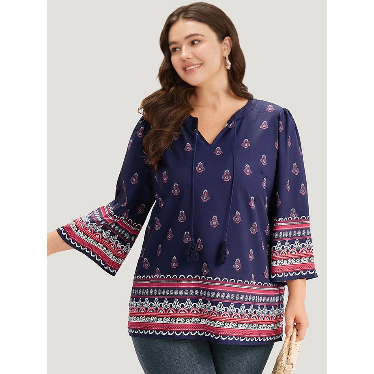Plus Size Indigo Boho Print Tie Neck Tassel Trim Blouse Women Vacation Elbow-length sleeve V-neck Vacation Blouses BloomChic 26/4X Product Image