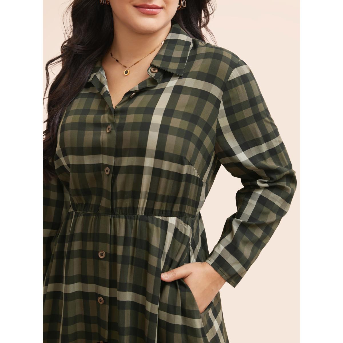Plus Size Plaid Shirt Collar Curved Hem Dress Yellowishbrown Women Elegant Button Shirt collar Long Sleeve Curvy BloomChic 28/5X Product Image