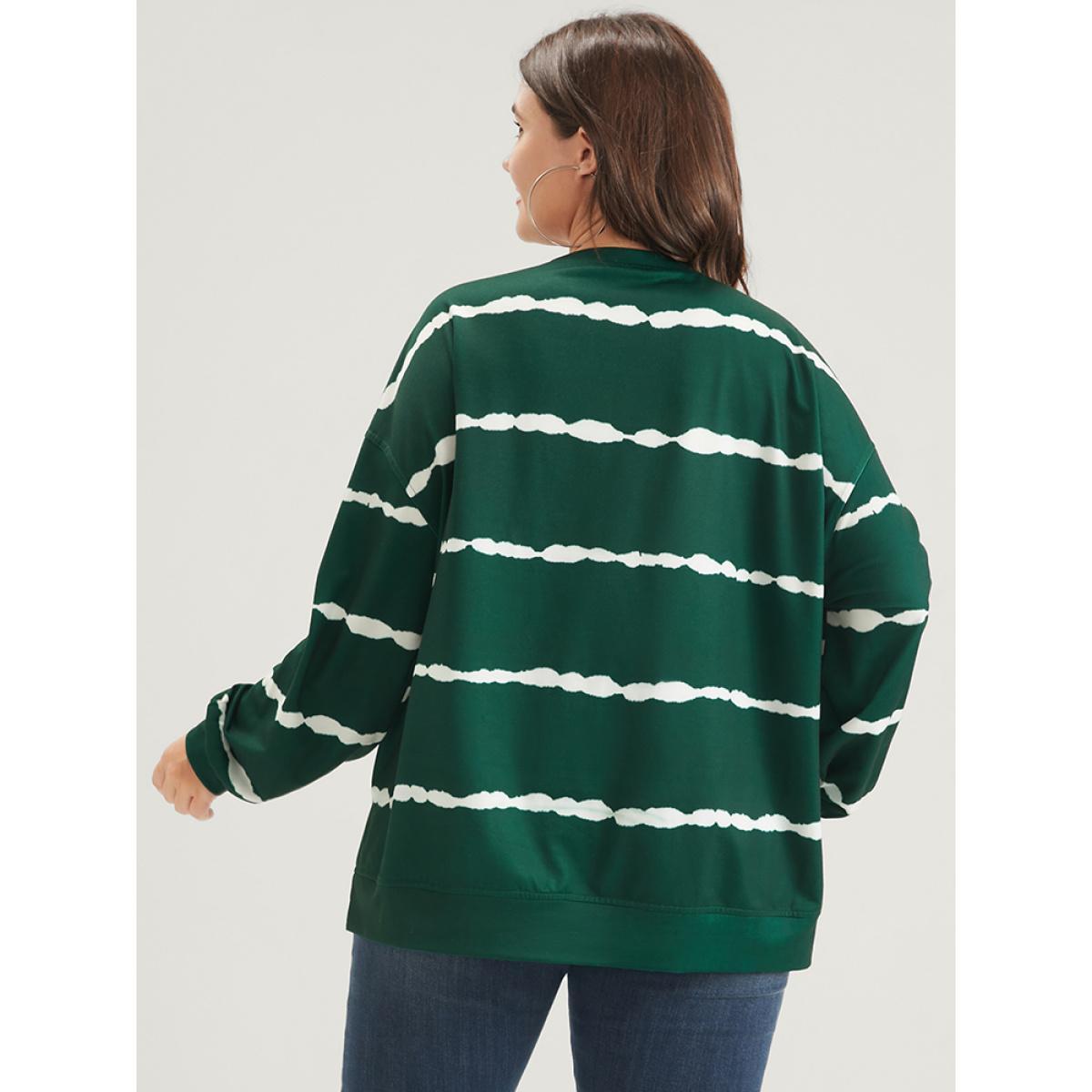 Plus Size Tie Dye Striped Side Split Drop Shoulder Sweatshirt Women Green Casual Tie Dye Loose Round Neck Dailywear Sweatshirts BloomChic 10/M Product Image