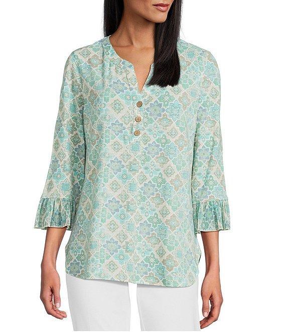 Multiples Georgette Printed Split V-Neck 3/4 Pleated Flounce Sleeve Knit Top Product Image
