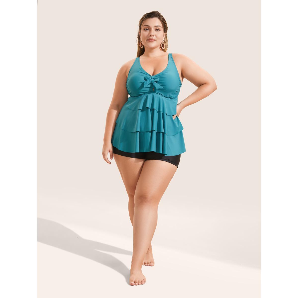 Plus Size Knotted Front Ruffle Tiered Tankini Top Women's Swimwear Turquoise Beach Ruffles High stretch Bodycon V-neck Curve Swim Tops BloomChic 10/M Product Image