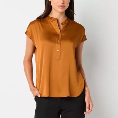 Worthington Womens Henley Neck Short Sleeve Satin Blouse Product Image