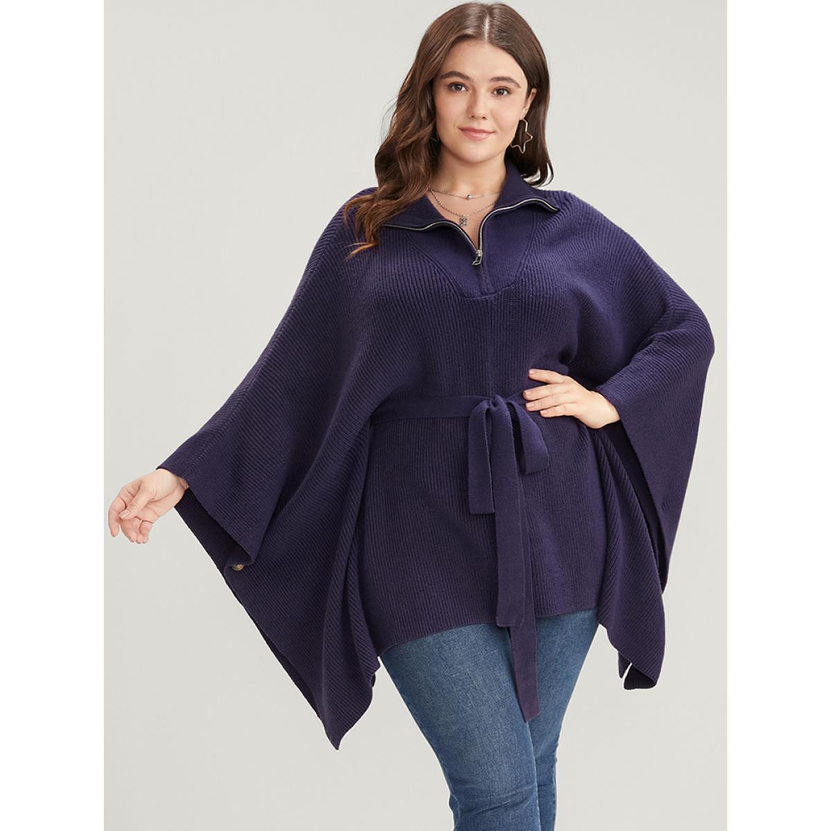 Plus Size Soft Pointelle Knit Dolman Sleeve Belted Zipper Knit Top Eggplant Women Casual Loose Cap Sleeve Mock Neck Dailywear Pullovers BloomChic 28/5X Product Image