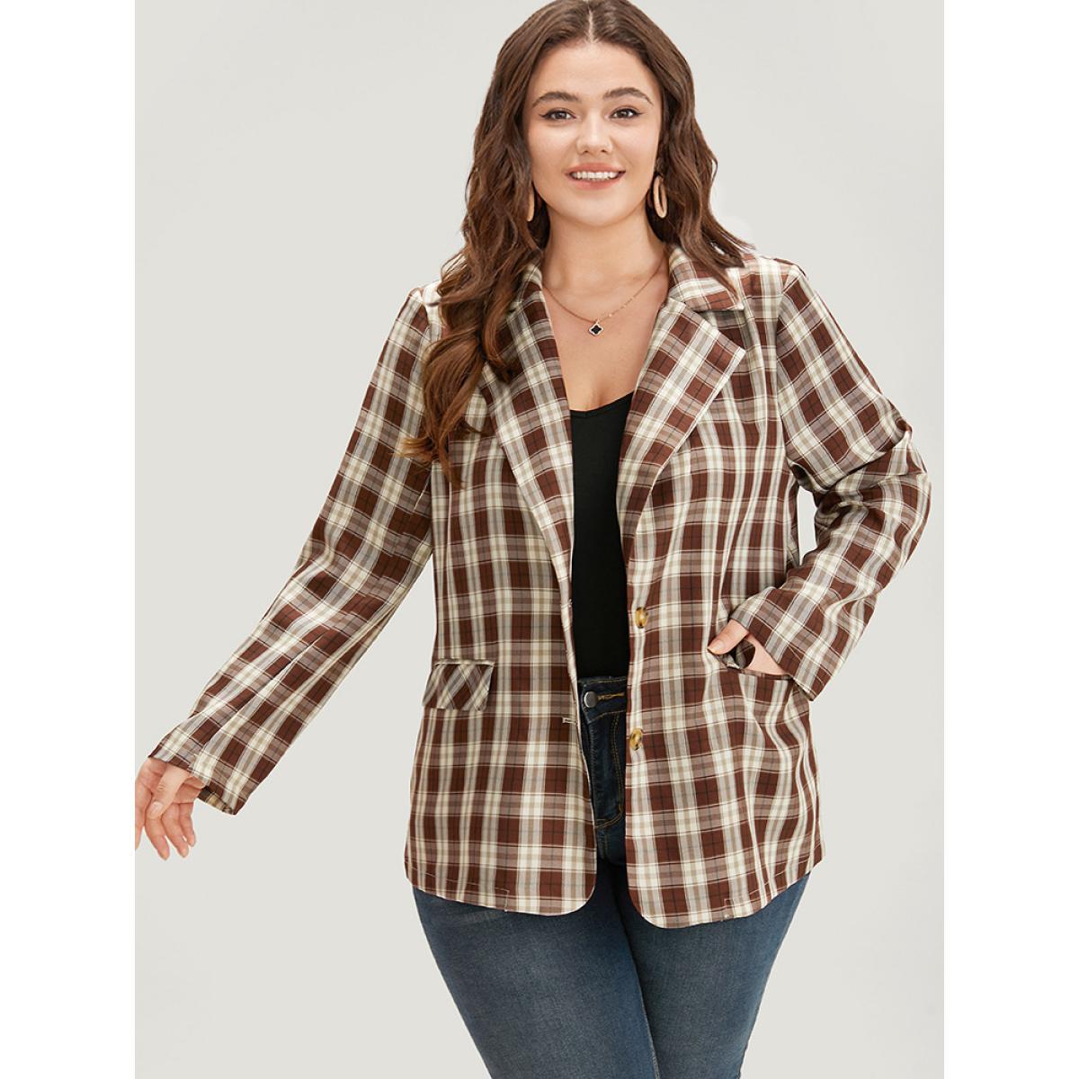 Plus Size Plaid Button Through Flap Pocket Blazer Bronze Women Dailywear Plaid Button Sleeve Long Sleeve Suit Collar 22-24/3X Pocket Casual Blazers BloomChic Product Image