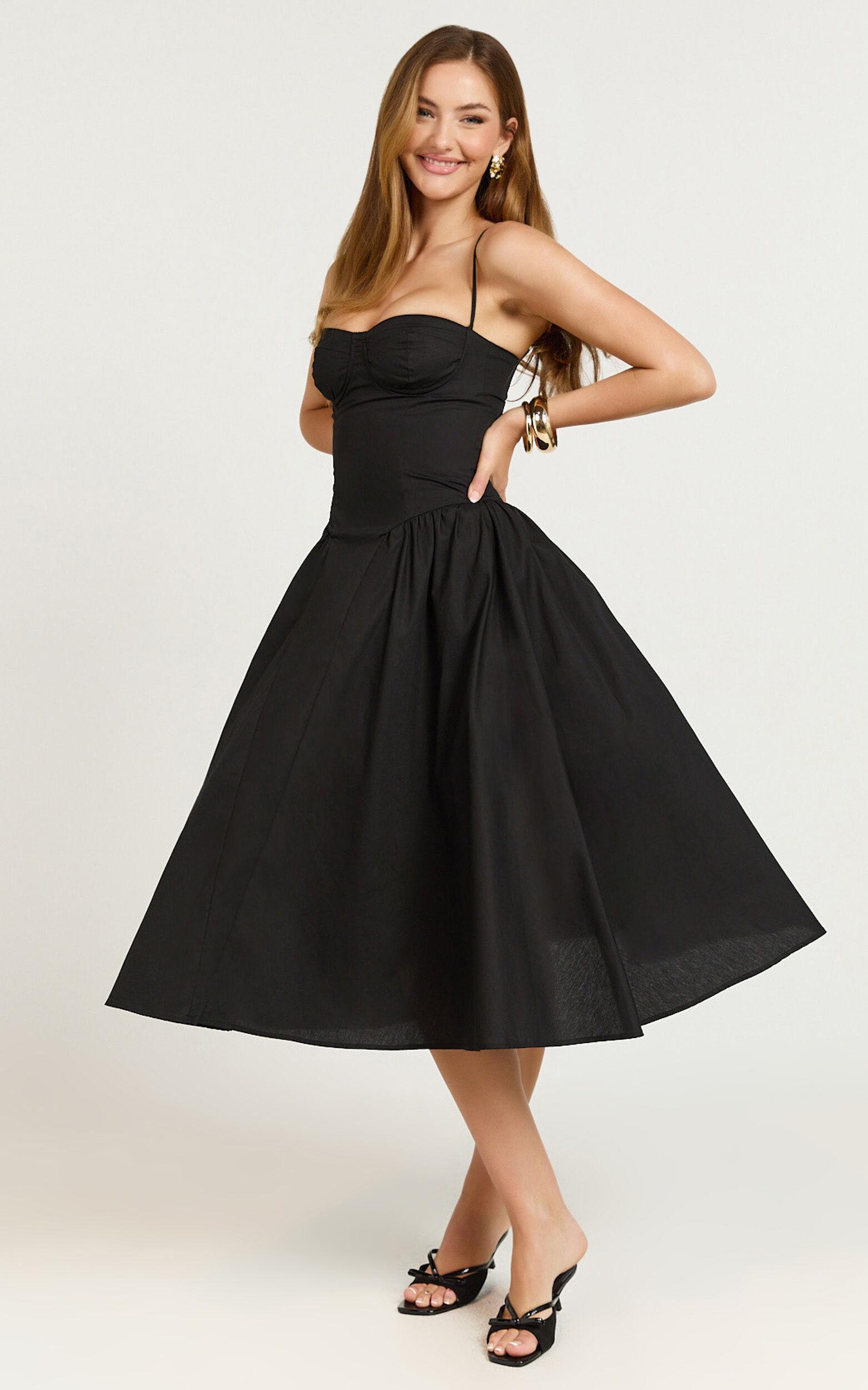 April Midi Dress - Sweetheart Wide Pleated Dress in Black Product Image