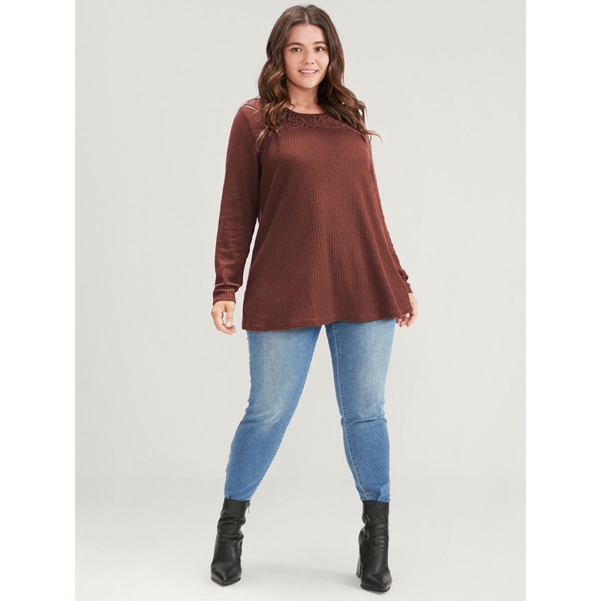Plus Size Solid Crochet Lace Waffle Knit Sweatshirt Women Rust Elegant Patchwork Round Neck Dailywear Sweatshirts BloomChic 28/5X Product Image