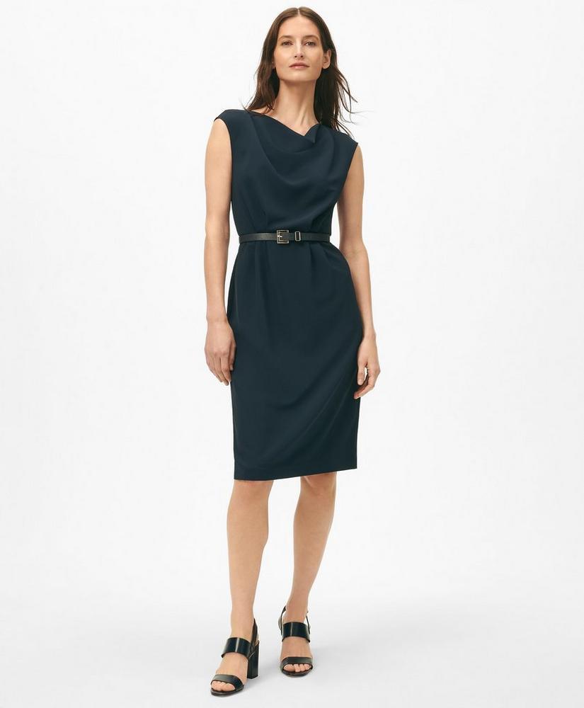 Cap Sleeve Belted Cowl Neck Dress in Fine Twill Stretch Crepe Product Image
