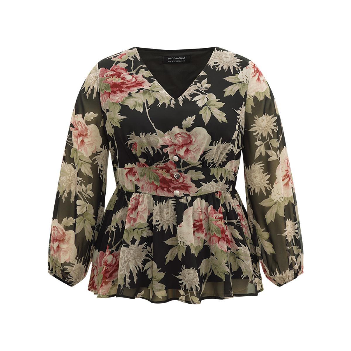 Plus Size Black Floral Flutter Hem Elastic Waist Blouse Women Elegant Long Sleeve V-neck Everyday Blouses BloomChic 10/M Product Image