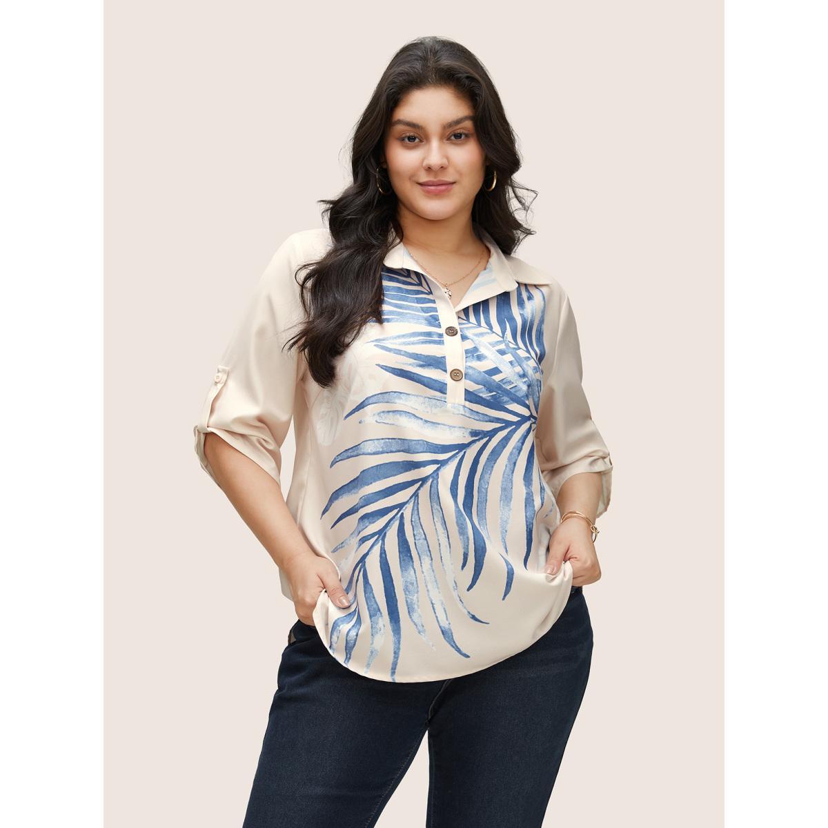 Plus Size Beige Tropical Print Button Up Tab Sleeve Blouse Women Casual Elbow-length sleeve Shirt collar Everyday Blouses BloomChic 28/5X Product Image