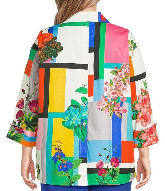 IC Collection Plus Color Block Floral Print Collar Neck Long Sleeve Blouse Product Image
