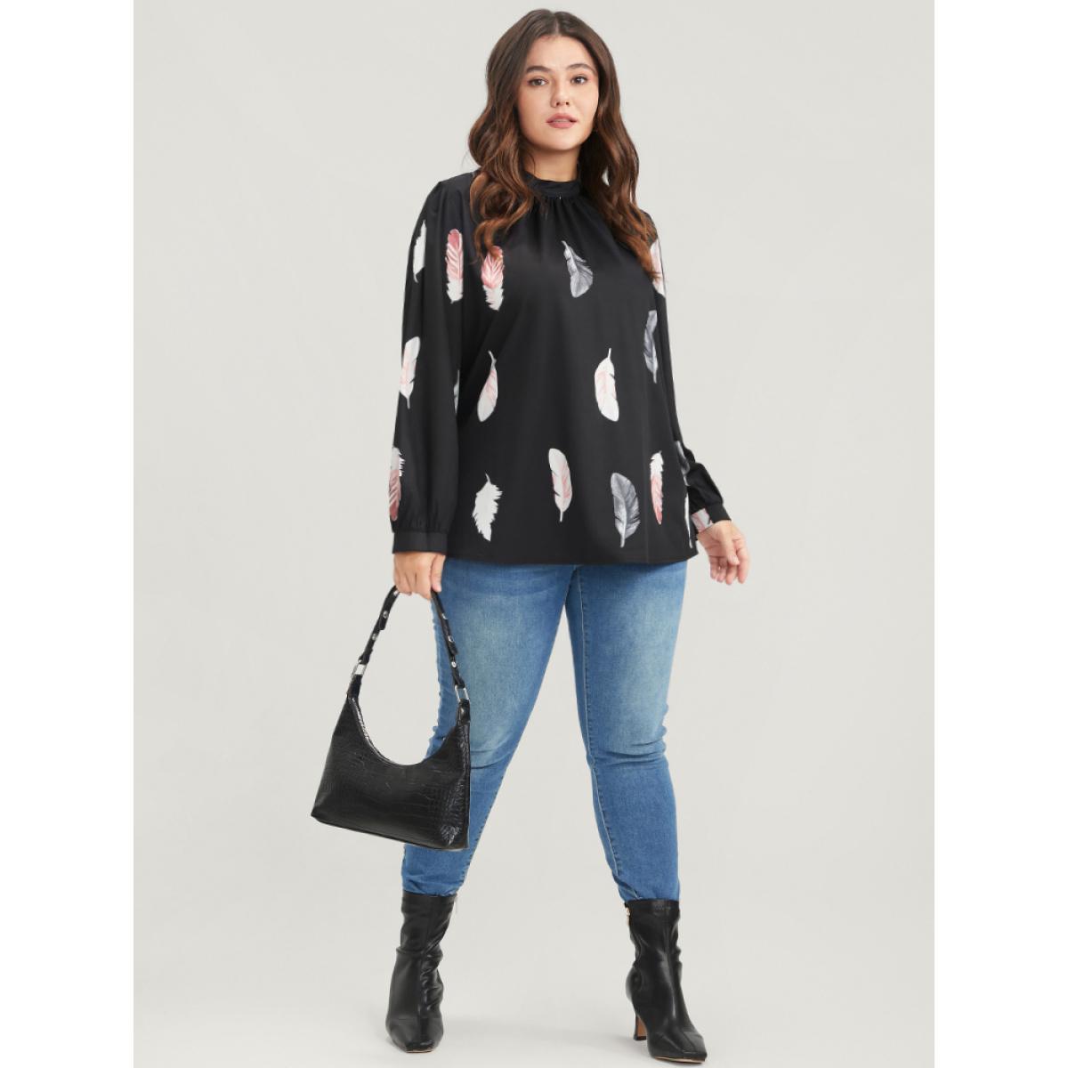 Plus Size Black Feather Print Mock Neck Lantern Sleeve Blouse Women Elegant Long Sleeve Mock Neck Dailywear Blouses BloomChic 12/L Product Image