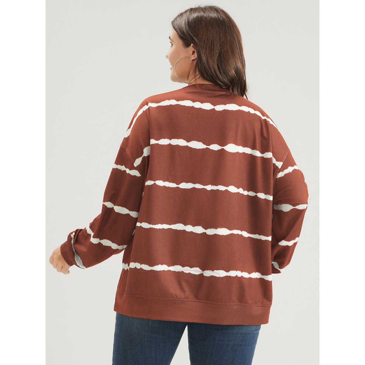 Plus Size Tie Dye Striped Side Split Drop Shoulder Sweatshirt Women Chocolate Casual Tie Dye Loose Round Neck Dailywear Sweatshirts BloomChic 10/M Product Image