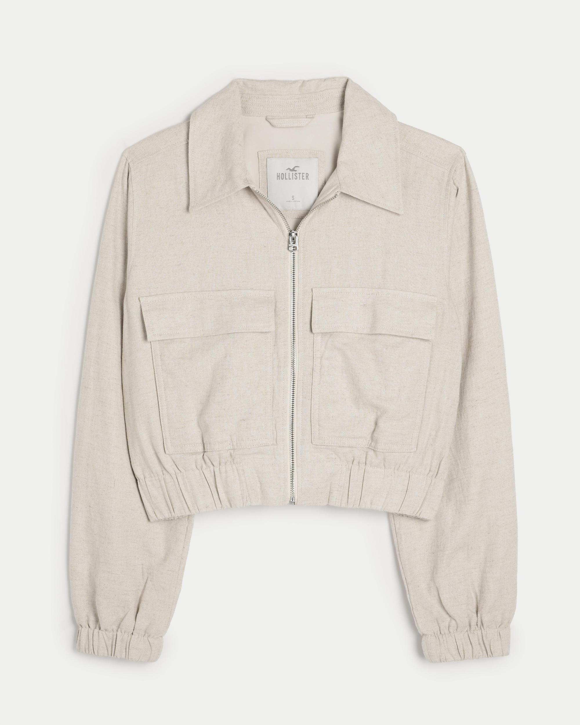 Crop Linen-Blend Bomber Jacket Product Image