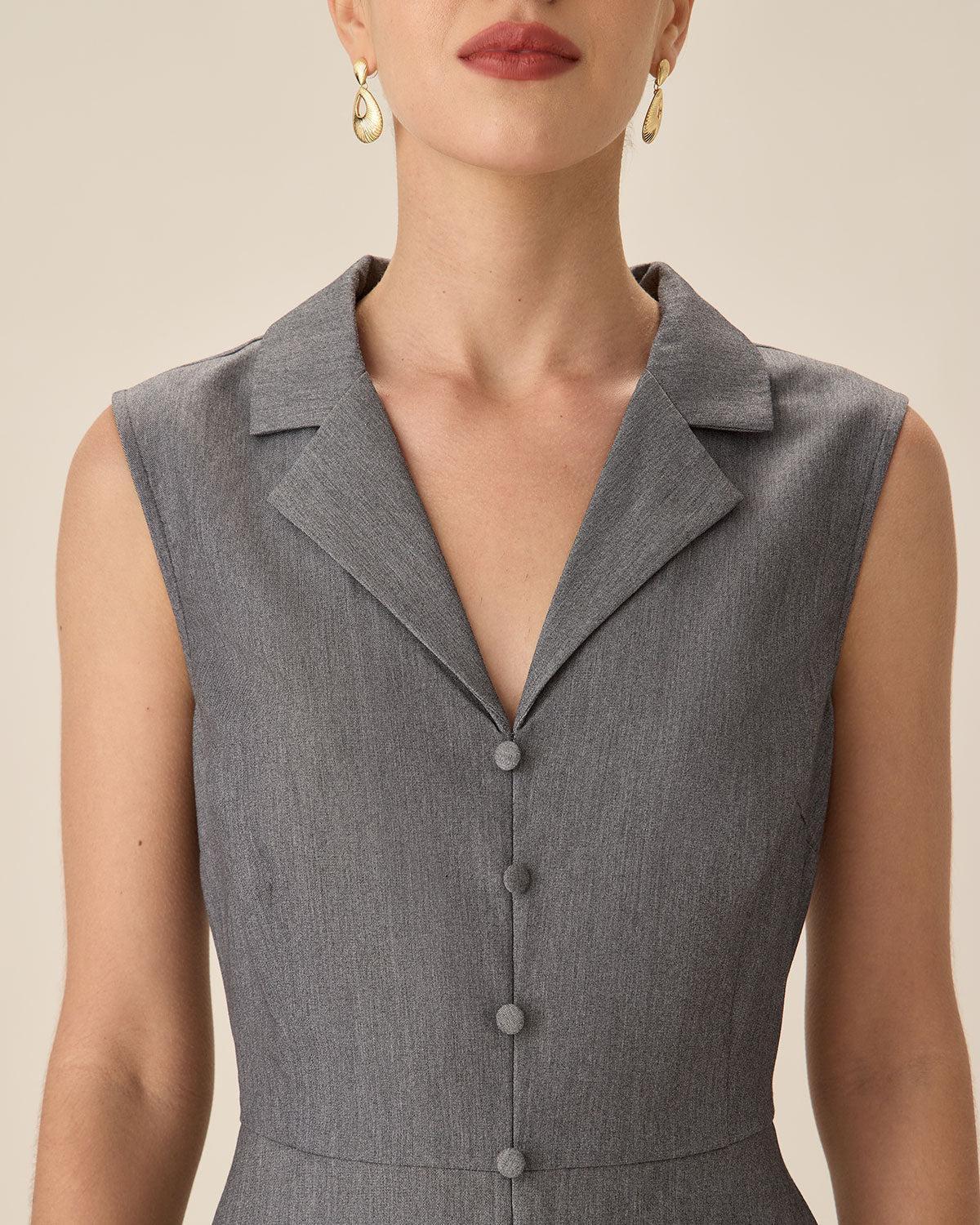 Grey V-Neck Button Midi Dress Product Image