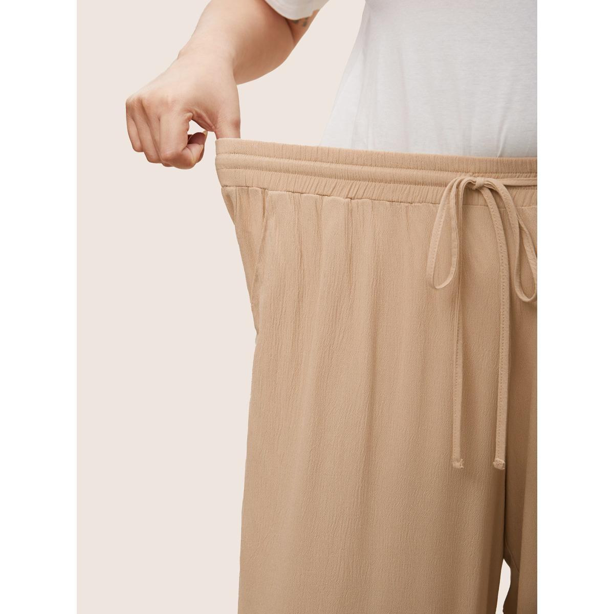 Plus Size Solid Texture Drawstring Rayon Wide Leg Pants Women LightBrown At the Office Wide Leg High Rise Work Pants BloomChic 10/M Product Image