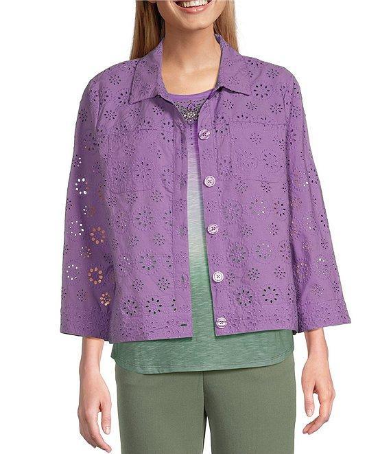 Allison Daley Petite Size 3/4 Sleeve Point Collar Button Front Eyelet Jacket Product Image