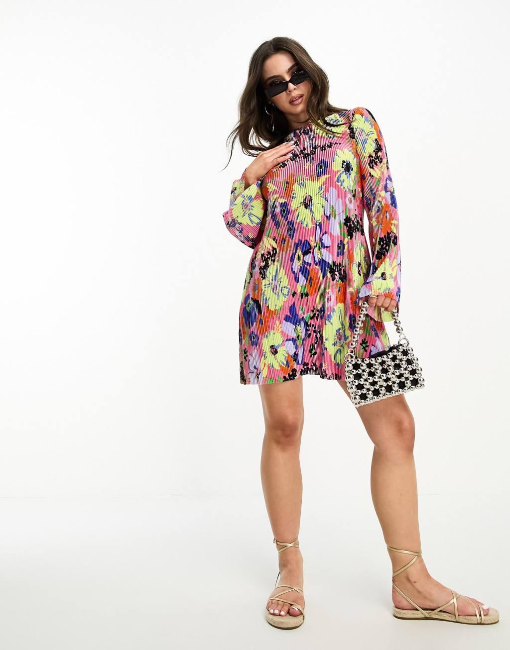 ASOS DESIGN Petite mini plisse dress with flared sleeve Product Image