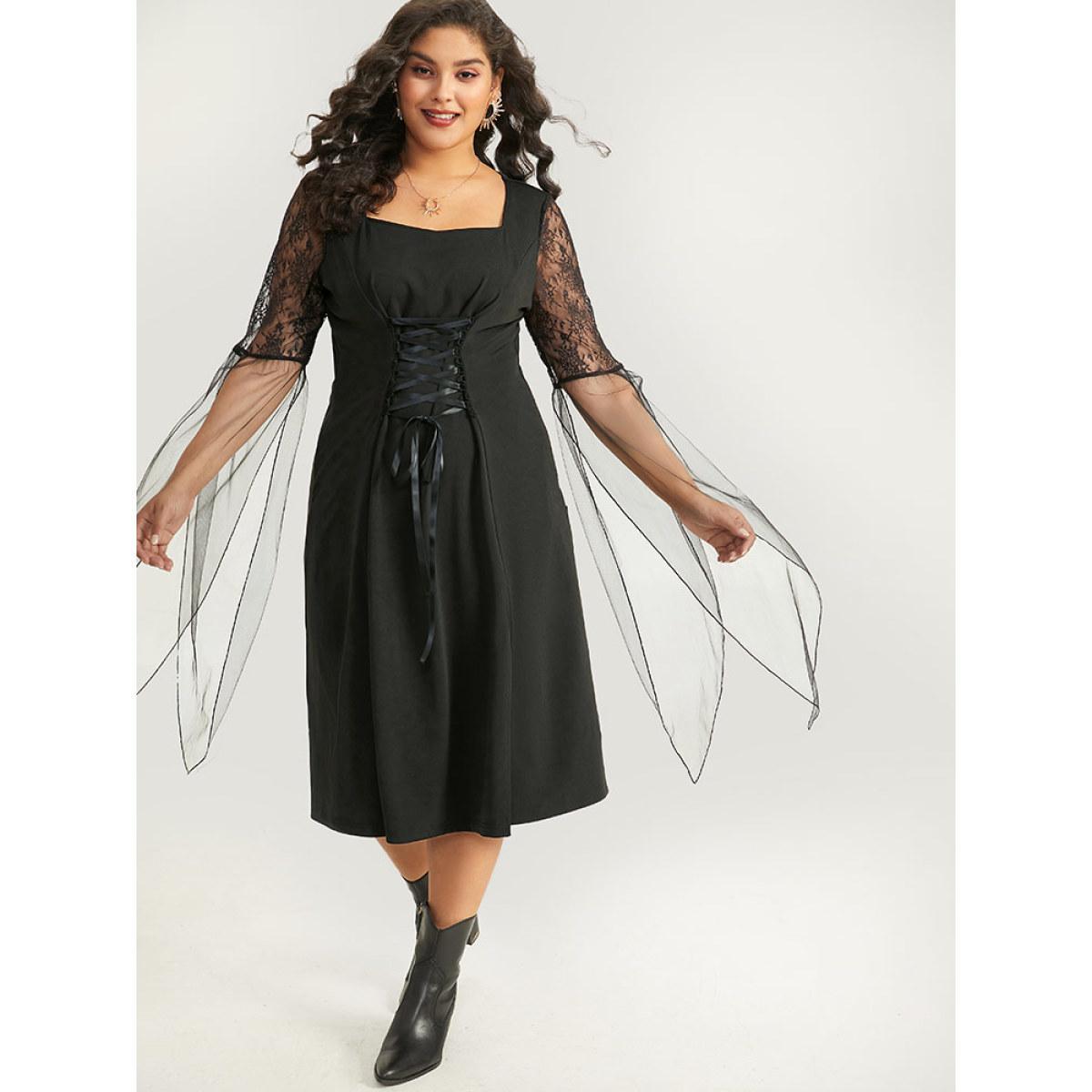 Plus Size Halloween Patchwork Lace Mesh Split Hem Lace Up Dress Black Women Glamour Cross straps Square Neck Short sleeve Curvy Midi Dress BloomChic 18-20/2X Product Image