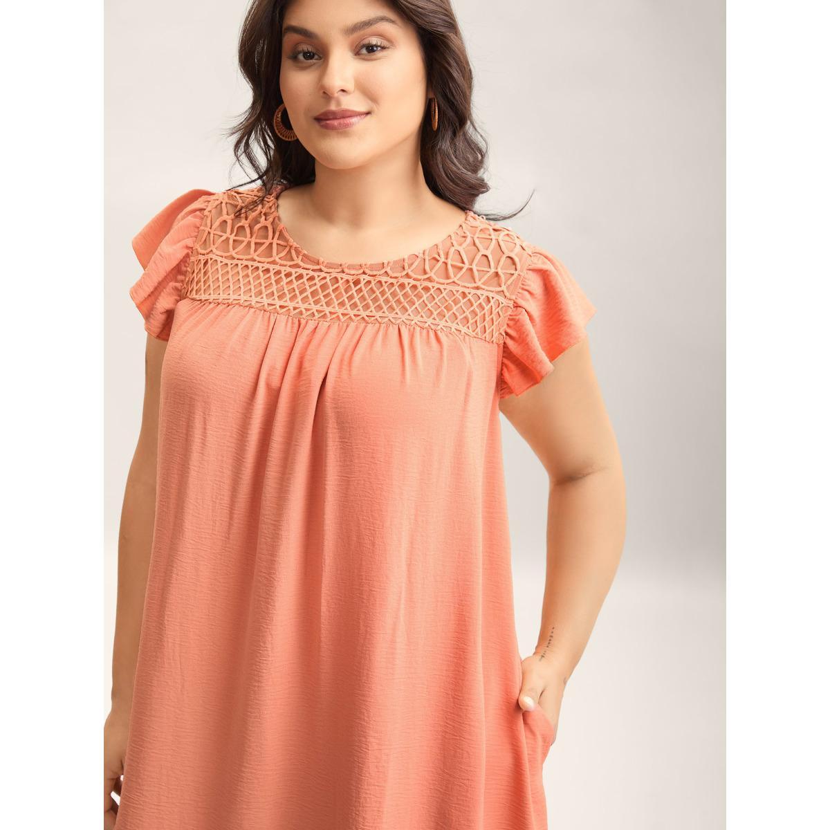 Plus Size Textured Cut-Out Neck Pockets Maxi Dress Coral Women Round Neck Cap Sleeve Curvy BloomChic 12/L Product Image
