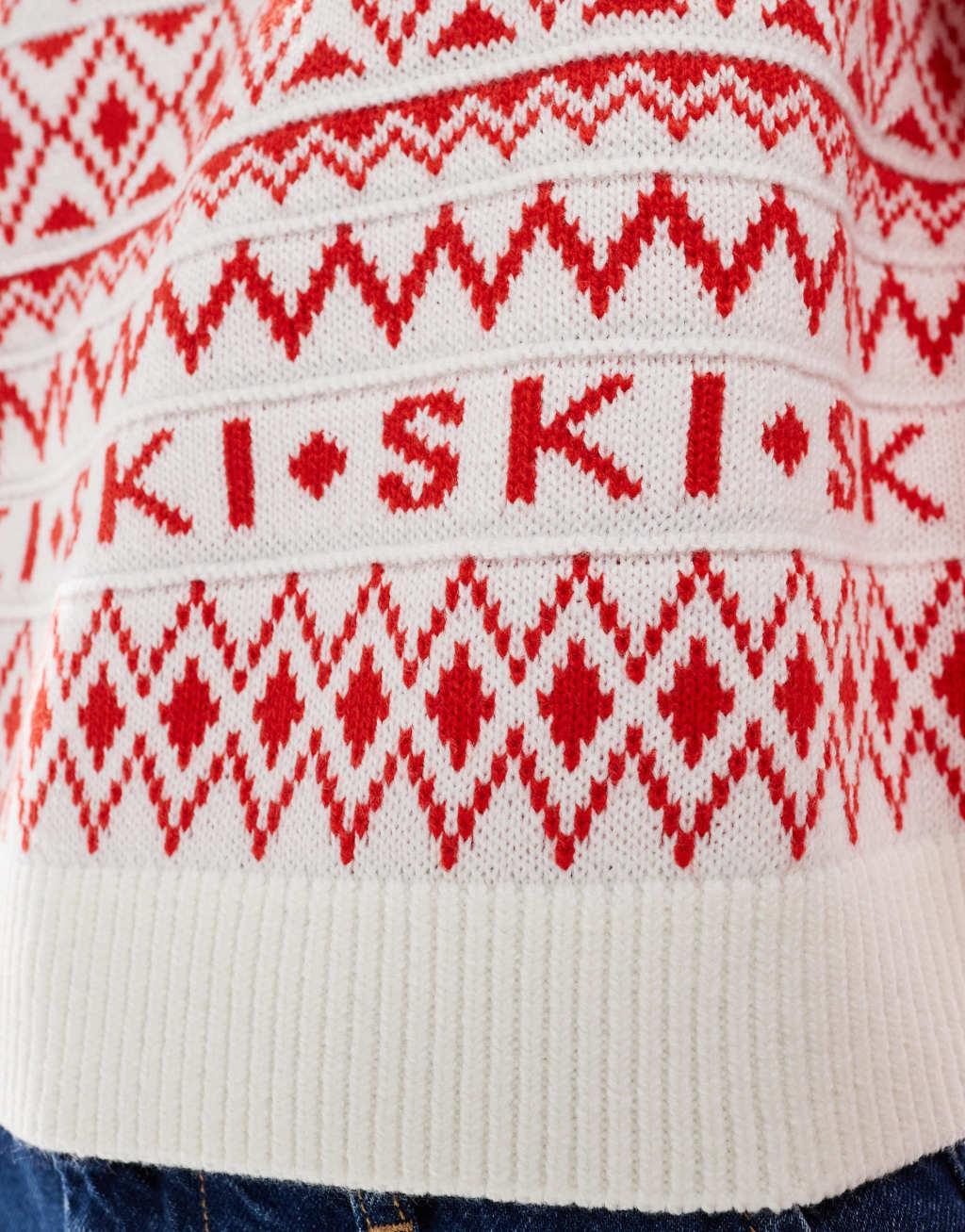 ASOS DESIGN v neck slogan sweater with fairisle pattern in red and cream Product Image